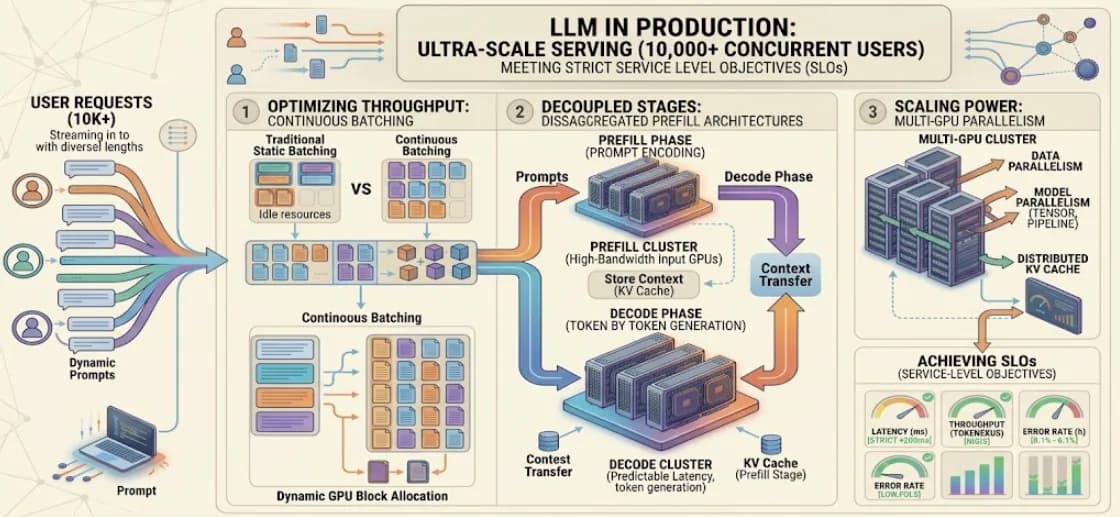 LLM Serving: Continuous Batching, Distributed Execution, and Service-Level Objectives