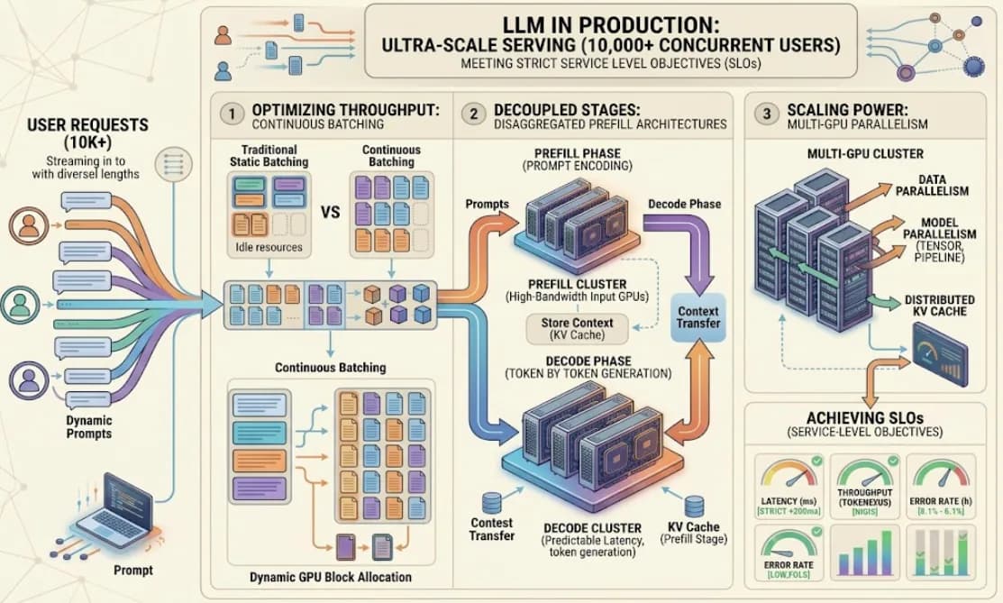 LLM Serving: Continuous Batching, Distributed Execution, and Service-Level Objectives
